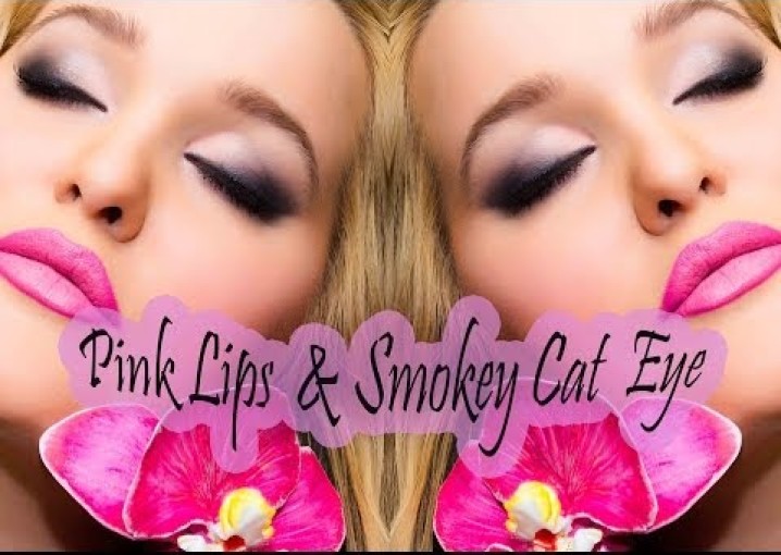 Макияж растушеванные стрелки и розовые губы.Pink Lips & Smokey Cat Eye